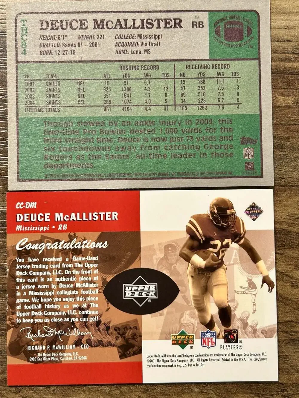 Deuce McAllister Signed Card, Upper Deck MVP Campus Deuce McAllister Jersey Card